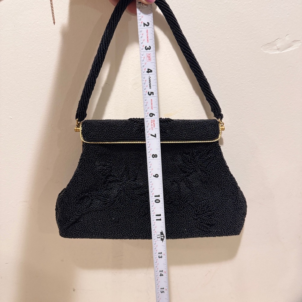 Vintage 1960s Black Hand Beaded Floral Evening Handbag Made in Hong Kong - Picture 12 of 14